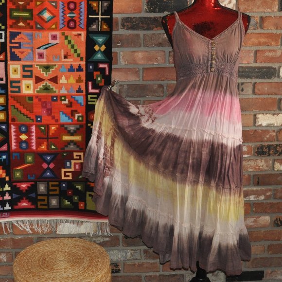Hippie Sleeveless Tie Dye Tiered Cotton Festival Spaghetti strap. Pull-Over M - Picture 1 of 6